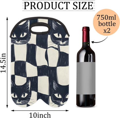 Neoprene Wine Tote, Bottle Carrier Gag Insulating Neoprene Thicker, Insulated Wine Bag for Travel Holds Two Bottles, Bottle Carrier Bags Protect the Bottles, Checkered Cat