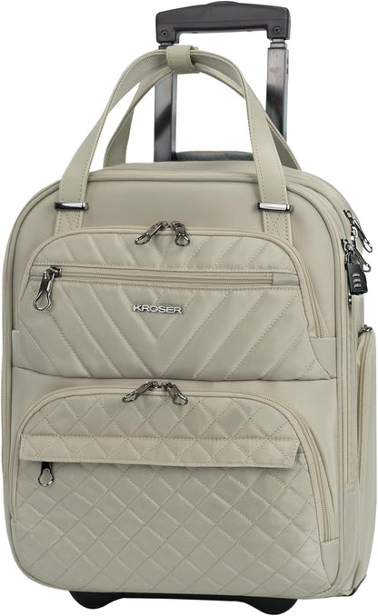 KROSER Carry On Underseat Multi-functional, 16-inch Underseater Lightweight Overnight Suitcase for Women, Light Khaki