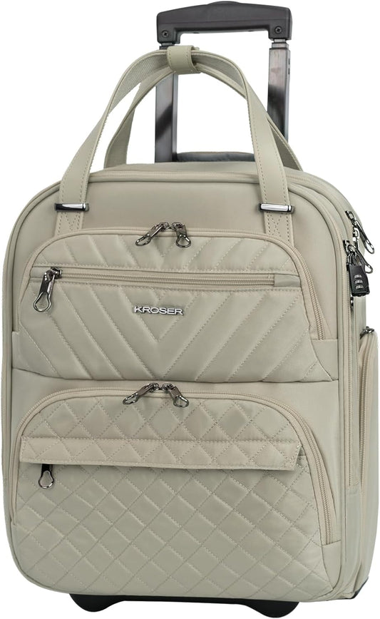 KROSER Carry On Underseat Multi-functional, 16-inch Underseater Lightweight Overnight Suitcase for Women, Light Khaki