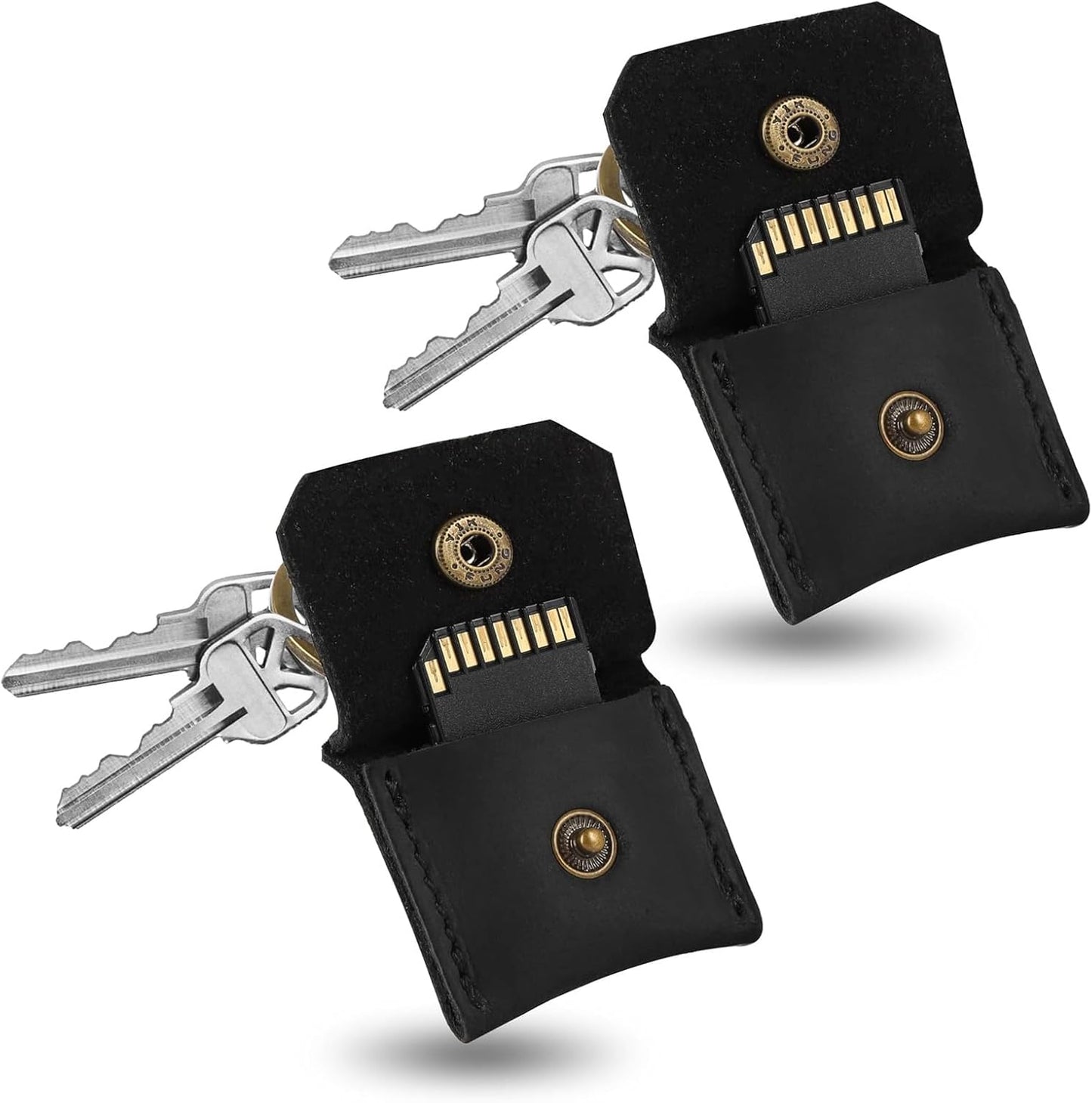 Jack&Chris Genuine Leather SD Card Holder Keychain, Anti-Shock Anti-Dust SD Card Case, Portable Camera Accessories for SD CF CFexpress Micro SD Nano SIM and Micro SIM Cards, Black 2 Packs