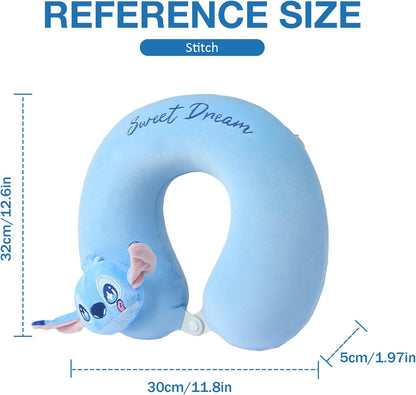 MINISO Disney Stitch Travel Pillow 100% Pure Memory Foam Neck Pillow, Airplane Pillow for Traveling Car Home Office Washable Cover