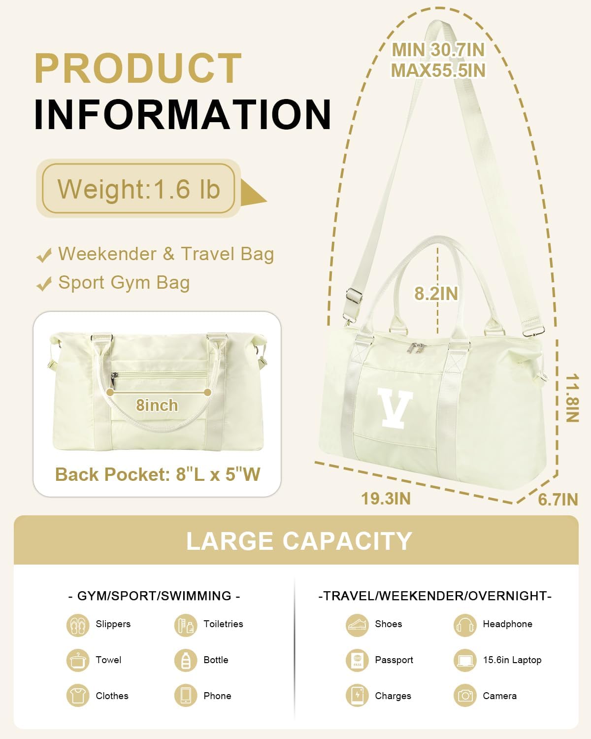 Initial Travel Duffel Bag Sports Gym Bag for Kids Teen Birthday Gifts,Beige Personalized Weekender Bag Carry On Dance Bags for Women Men,Waterproof Monogram Overnight Bag with Trolley Sleeve(Letter V)