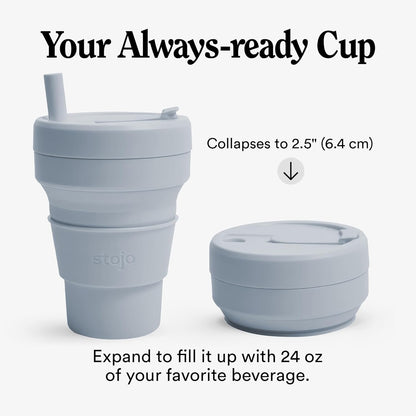 STOJO Titan Collapsible Travel Cup With Straw - Cashmere Gray, 24oz / 710ml - Reusable To-Go Pocket Size Silicone Cup for Hot & Cold Drinks - Camping and Hiking - Microwave & Dishwasher Safe
