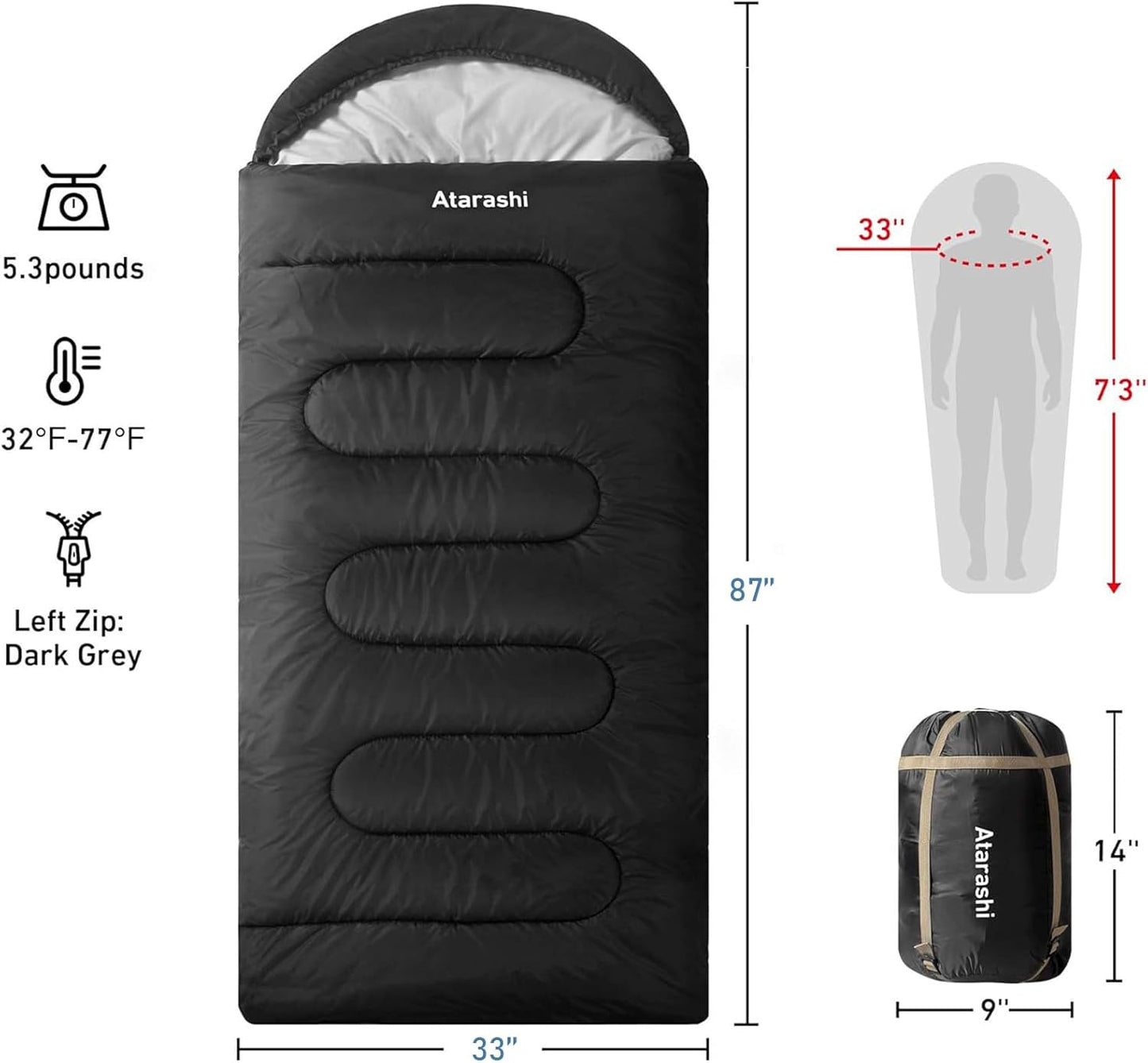 Atarashi Camping Sleeping Bag- 4 Seasons for Adults, Light, Warm, Extra-Large with Compression Sack- Great for Hiking, Backpacking & Outdoor Adventures