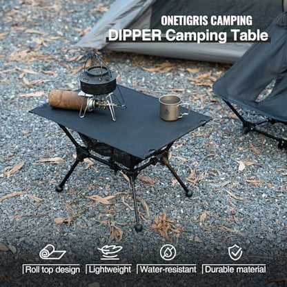 ONETIGRIS Dipper Camping Table, Lightweight Portable Folding Table with Mesh Storage Net, High/Low Options, Ideal for Camping, Hiking, Tailgating, Beach, Picnic, Travel, Backyard
