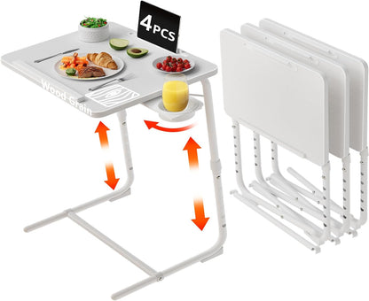TV Trays Set of 4 - Folding TV Tray Adjustable Dinner Trays for Eating On Couch Wooden Tables Mate Stand Foldable White Desk with Cup Holder Portable