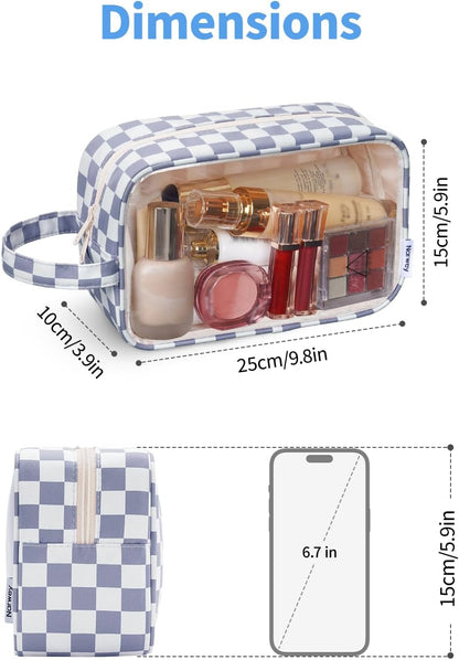 Narwey Clear Toiletry Bags for Traveling Women Men, Clear Travel Bags for Toiletries Makeup Bag Cosmetic Bag with Zipper, Make Up Organizer, Skincare Bag (Grayish Blue Checkerboard)