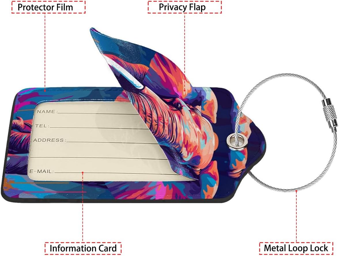 Colorful Elephant 2 Pcs Luggage Tags,Privacy Cover ID Label with Stainless Steel Loop and Address Card for Travel Bag Suitcase