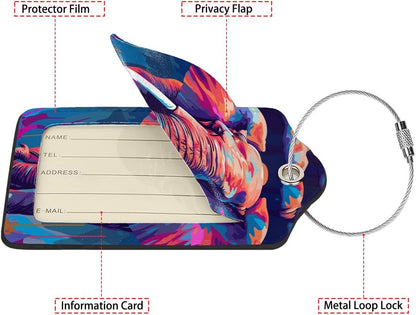 Colorful Elephant 2 Pcs Luggage Tags,Privacy Cover ID Label with Stainless Steel Loop and Address Card for Travel Bag Suitcase