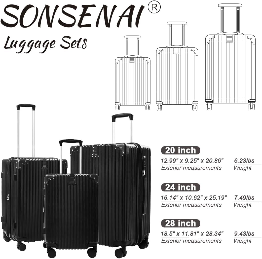 3-Piece Expandable Luggage Set Suitcase in Classic Black -Double Wheel Stability & Secure TSA Locks(20in24in28in)
