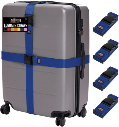 GORILLA GRIP Heavy Duty 4 Pack Adjustable Luggage Straps for Suitcases, Easy to Identify Travel Belt Connector Holds Suitcase Together, Extends Life of Bag, Strap Connects Two Bags, Accessories Blue