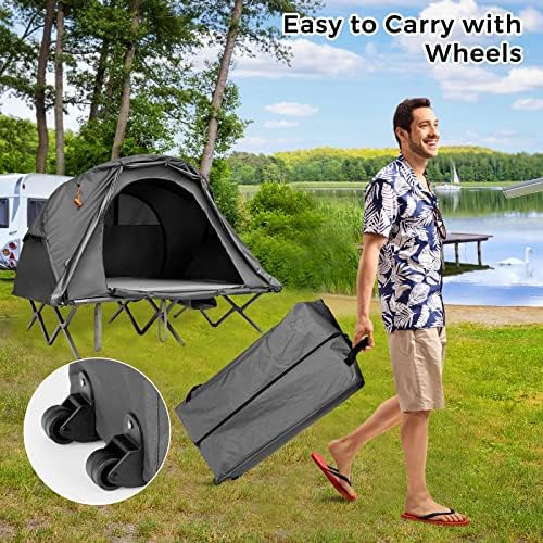 Tangkula 2-Person Tent Cot, 4-in-1 Folding Tent with Waterproof Rainfly, Self-Inflating Mattress & Roller Carrying Bag, Portable Off Ground Elevated Tent with Shoe Storage Pocket & Lamp Hook