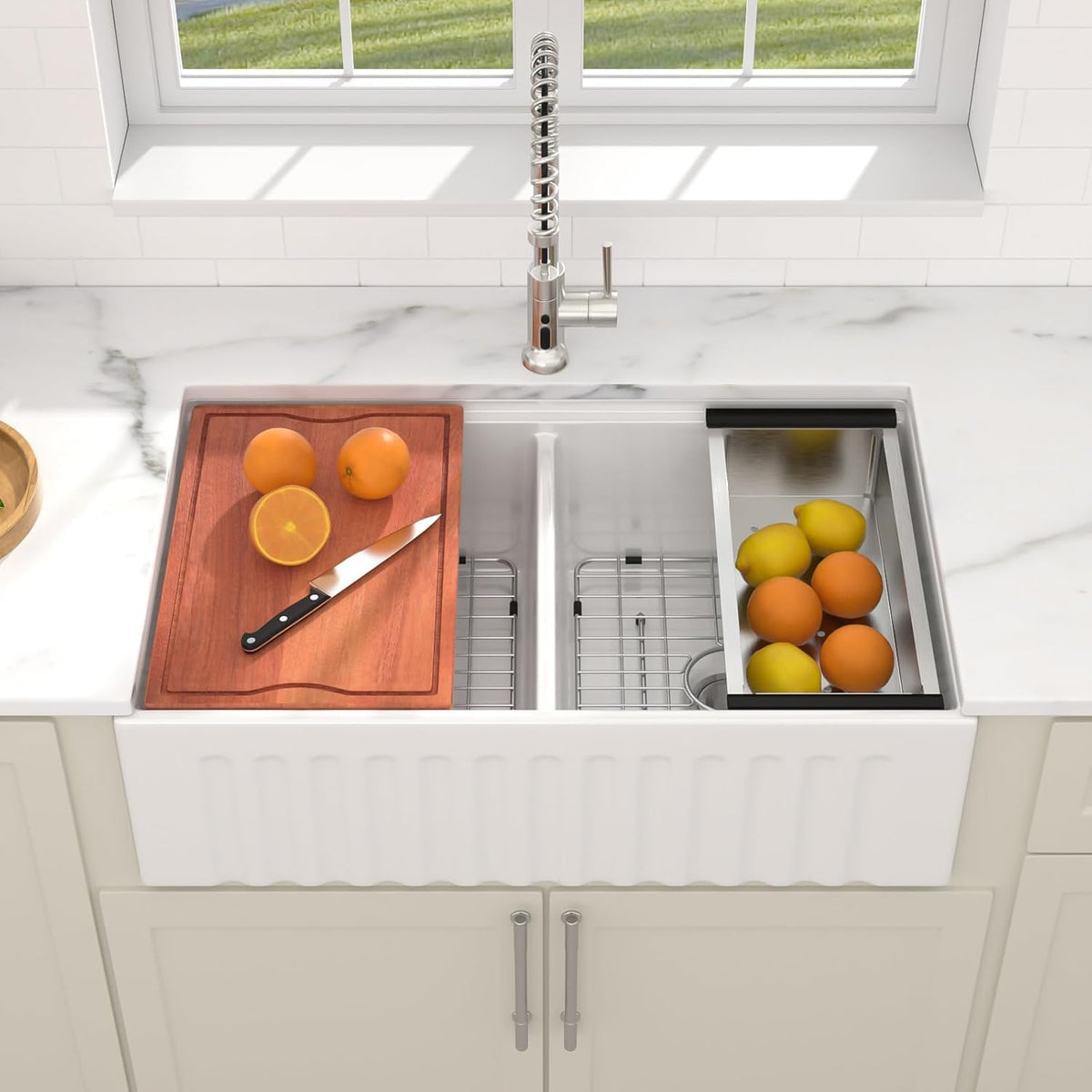 Dcolora Farmhouse Sink Double Bowl, White Kitchen Sink 33 Inch Farm House Workstation Ceramic Apron Front Country Sinks #DC-A8879, 33"x20"x10"