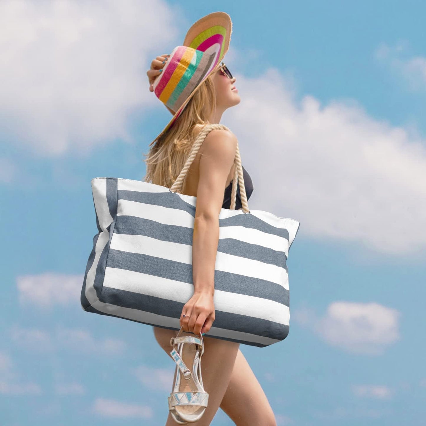 Becokan Beach Bag Large Beach Tote Bag for Women Waterproof Sandproof Swim Pool Bag With Zipper