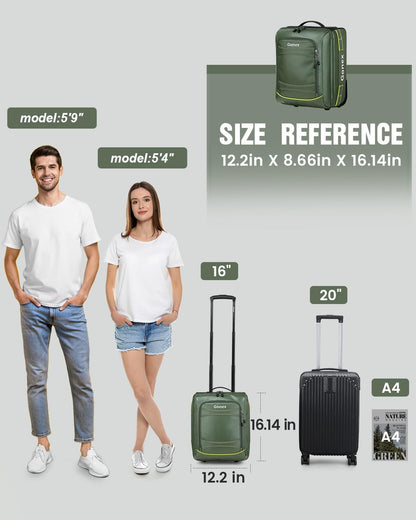 Gonex Waterproof Underseat Carry on Luggage with Wheels, 16 inch PVC Small Wheeled Travel Luggage for Airline, Rolling Overnight Weekender Suitcase for Men Women 30L, Olive Green