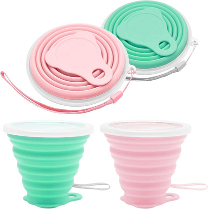Litoexpe 2 Pack Silicone Collapsible Travel Cup Portable Folding Camping Cup Sets with Lids, Pink & Green, Capacity 9.22oz (270ml)