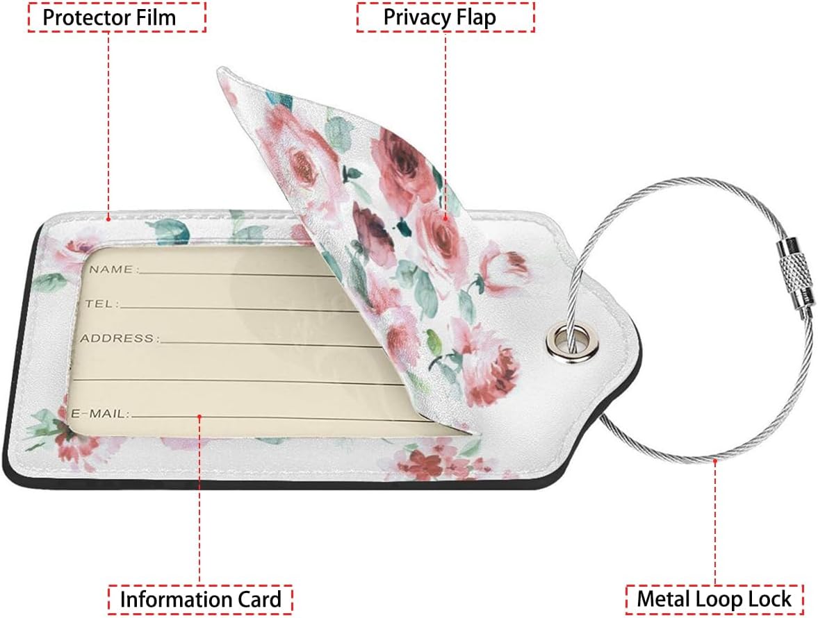 Flowers Watercolor 2-Pack Luggage Tags for Suitcases,Leather Baggage Tag with Loop, Tags Private Name ID Labels for Women Girl Men Boys Travel Baggage Suitcase