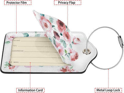 Flowers Watercolor 2-Pack Luggage Tags for Suitcases,Leather Baggage Tag with Loop, Tags Private Name ID Labels for Women Girl Men Boys Travel Baggage Suitcase