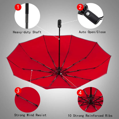 FDJASGY Windproof Travel Umbrella with Teflon Coating Auto Open Close Lightweight Sun&Rain Umbrella with 10 Rib Construction and Reflective Stripe Zipper Pouch