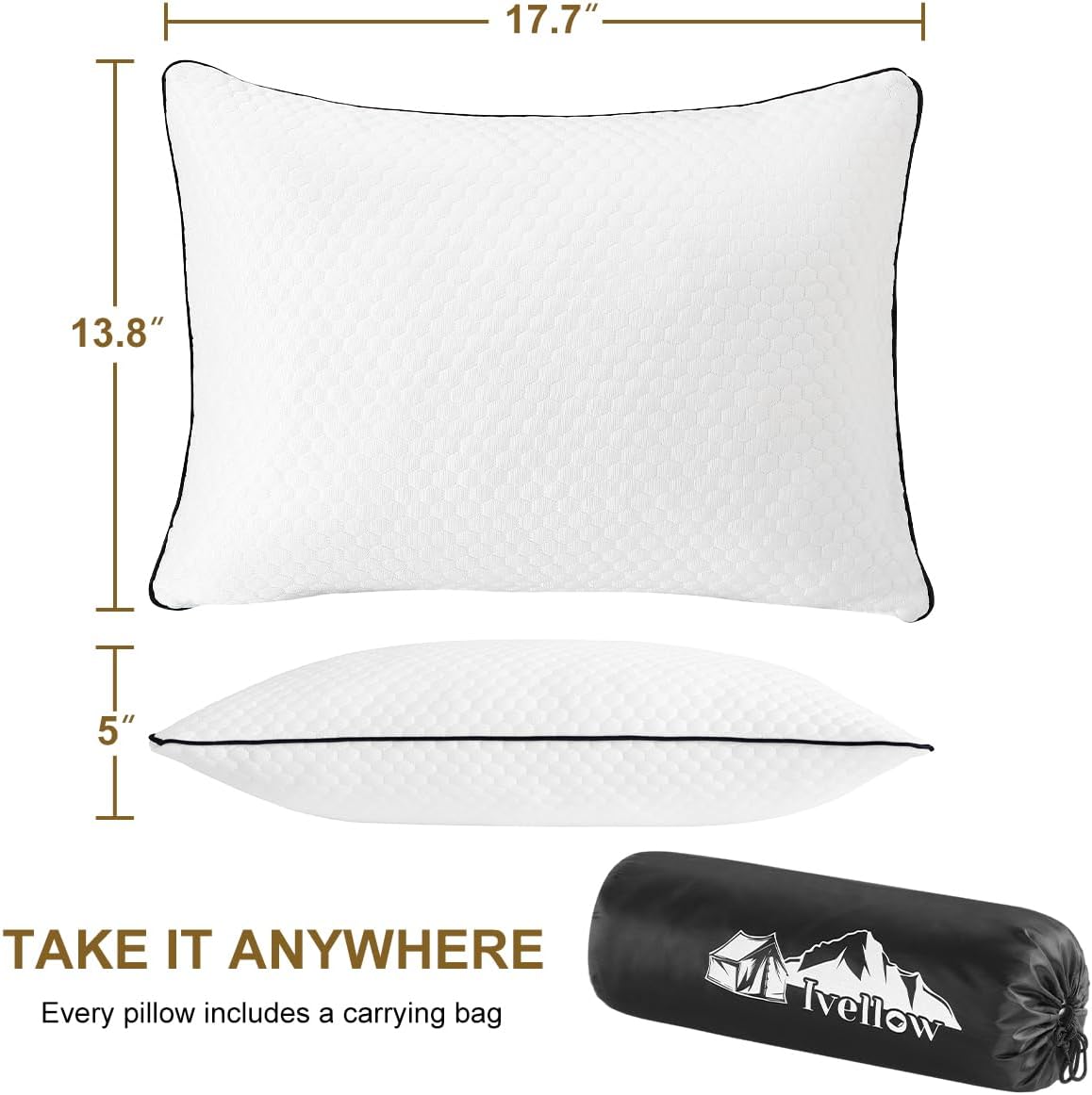 Ivellow Travel Pillow Cooling Camping Pillow for Sleeping Compressible Shredded Memory Foam Pillow Compact Firm Supportive Pillow for Adults Kids Outdoor Backpacking Hiking Essential Gear White M