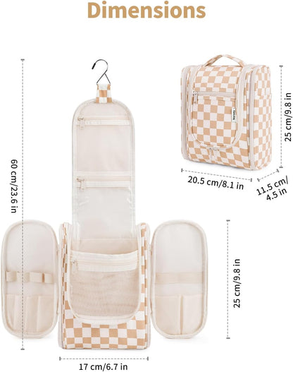 Narwey Small Checkered Hanging Travel Toiletry Bag for Women, Travel Bag for Toiletries, Makeup Bag Organizer Cosmetic Bags Make Up Bags for Women (Light Checkerboard)