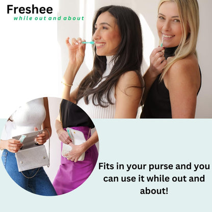 Freshee Bead -5 in 1 Disposable Mini Toothbrush with Refreshing Bead + Floss + Pick + Tongue Scraper | Travel Size | Individually Wrapped | Soft | Extra Minty | Travel Set