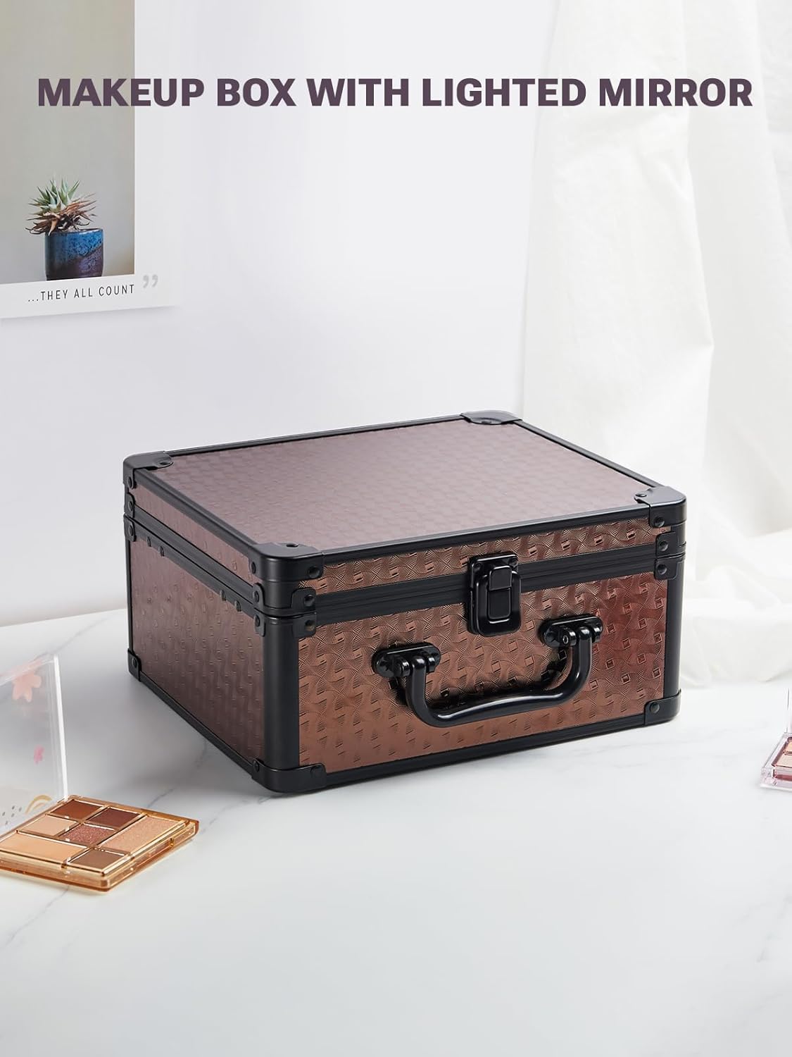 Qislee Makeup Box with A Detachable Lighted Mirror, Waterproof Travel Train Case, Cosmetic Organizer and Makeup Suitcase with Adjustable Dividers, Magnetic LED Mirror(Golden Brown)