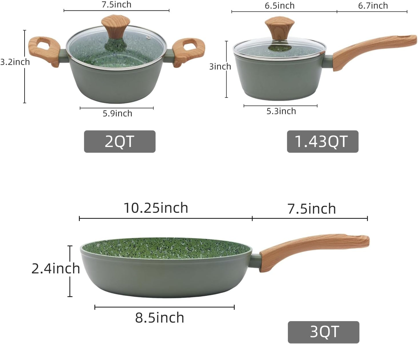 3-Piece Nonstick Pots and Pans Set with Lids, Includes 10.25 Inch Frying Pan 1.5Qt Saucepan and 2.2Qt Stock Pot, PFOA Free Dishwasher Safe Induction Compatible Family Cookware, Green