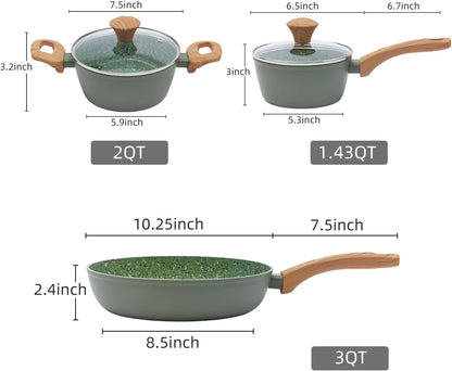 3-Piece Nonstick Pots and Pans Set with Lids, Includes 10.25 Inch Frying Pan 1.5Qt Saucepan and 2.2Qt Stock Pot, PFOA Free Dishwasher Safe Induction Compatible Family Cookware, Green