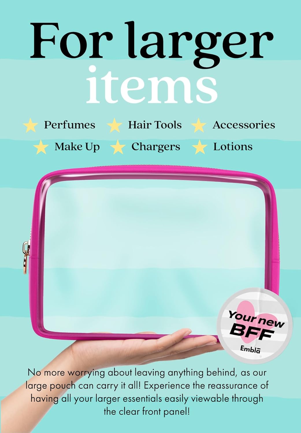 Clear Makeup Bag Zipper Pouch, Transparent Cosmetic Case Organizer, TSA Approved Travel Toiletry Case, Travel Accessories Essentials Makeup Tote for Women, Large Cute Make up Bag for Purse - Fuchsia