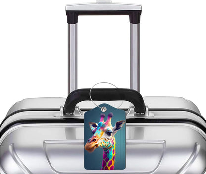 2 Pack Luggage Tag for Suitcase, Cute Unique Leather Bag Tags Identifiers Privacy Cover ID Label with Durable Steel Loop for Women Men Kids Girls Travel，GiraffeA