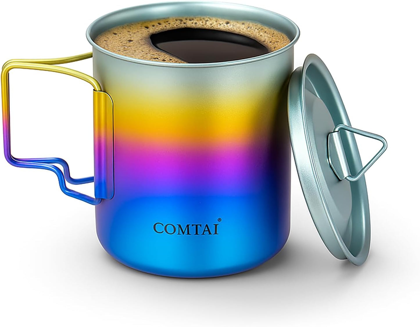 Titanium Camping Pot Mug 15oz (420ml) with Lid and Foldable Handle – Ultralight Camping Cup for Hiking, Backpacking, Outdoor Cooking, Rainbow