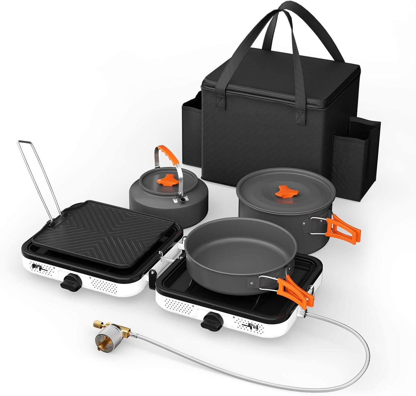 Hisencn Portable Camping Stove, 2 Burner Foldable Camp Stove, 20000 BTU Folding Gas Stove, Portable Propane Stove with Carry Bag, Adjustable Burners & Piezo Ignition, Includes Frying Pan, Kettle, Pot