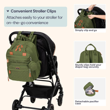 BabbleRoo Extra Large Diaper Bag Backpack, Expandable Baby Bag with Up to 50% More Capacity - Travel Essentials Baby Bag Tote with Changing Pad, Stroller Straps & Pacifier Case - Unisex, Forest Green