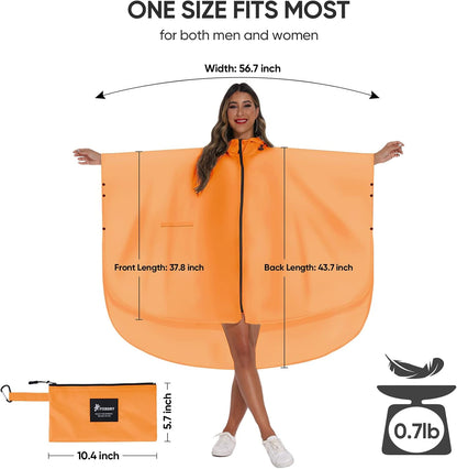 PTEROMY Hooded Rain Poncho for Adult with Pocket and Zipper, Waterproof Lightweight Raincoat for Men and Women