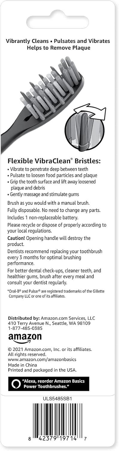Amazon Basics Soft Toothbrushes for Adults - Pulsating Deep Cleaning with Soft Bristles, 2 Count, Assorted Colors