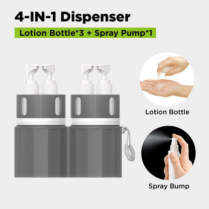 4 in 1 Travel Toiletry Containers,TSA Approved Refillable Travel Size Toiletries Bottles Set with Suction Cup for Smooth Walls - for Shampoo,Conditioner,Body Wash,Lotion.(Grey)