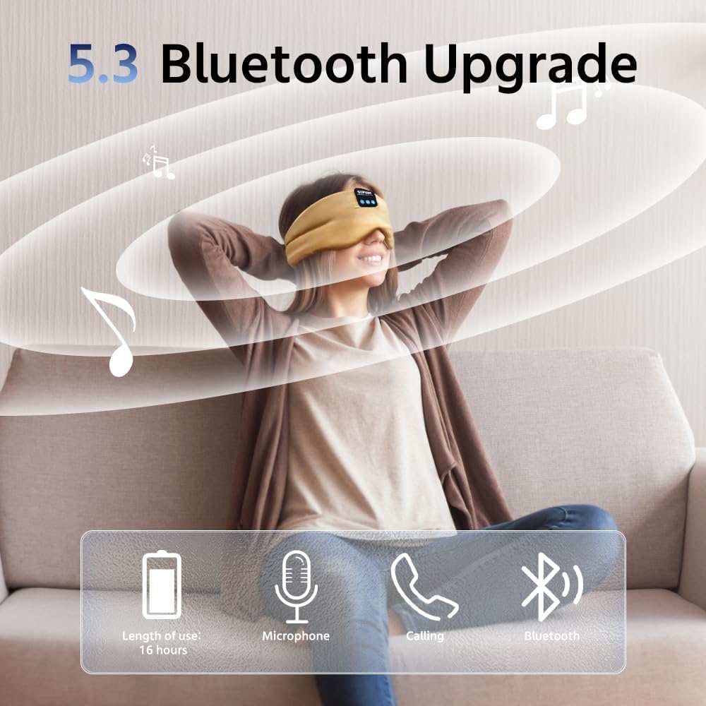 Sleep Mask Bluetooth 5.4 Headphones Soft Wireless Headband Eye Mask Blackout with Microphone (Gold)