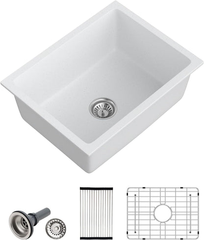 Dcolora 22 Inch Undermount Wet Bar Sink Single Bowl Modern Kitchen Sink White Granite Composite Deep Prep Small Sinks 22"×17"×9",DC-GUW003