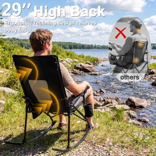 Romswi 2 Pack Folding Rocking Camping Chairs for Adults, Heavy Duty Outdoor Rocker with Breathable Mesh Back, Hard Armrests, Cup Holder, Supports 400 lbs for Patio, Lawn, Beach, Black