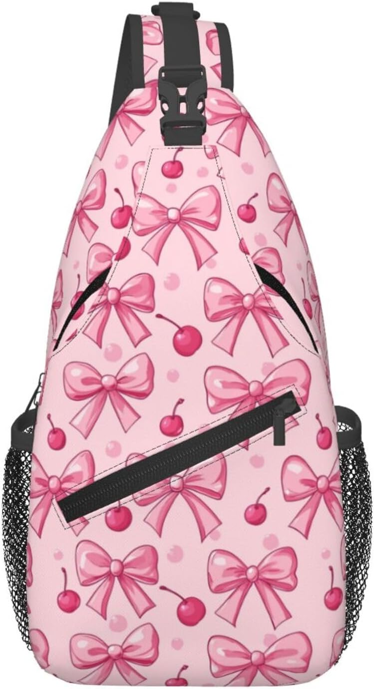 SUPLUCHOM Sling Bag Pink Bows Cherry Hiking Daypack Crossbody Shoulder Backpack Travel Chest Pack for Men Women