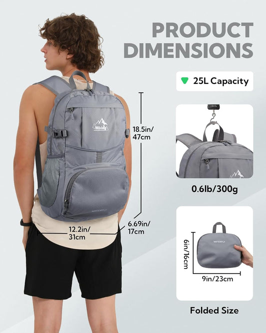 WATERFLY Hiking Foldable Daypack Backpack: 25L Ultra Lightweight Packable Waterproof Outdoor Travel Day Pack for Woman Man