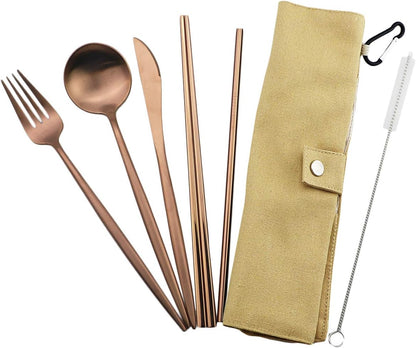Gugrida Luxury Rose Gold Matte Portable 18/10 Stainless Steel Travel Flatware Sets of 7 Portable Camping Cutlery Set, Healthy & Eco-Friendly Flatware Set with Carrying Case for Travel or Camping