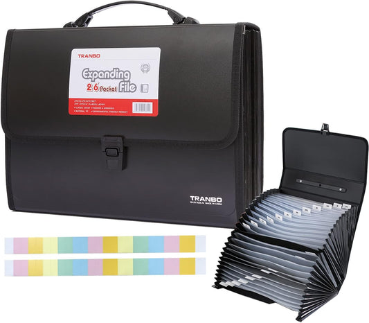 25 Pockets Letter Size/A4 Accordion File Organizer with Handle, TRANBO Expanding File Folder, Expandable Document Paper Organizer for Travel School Office - 1 Pack