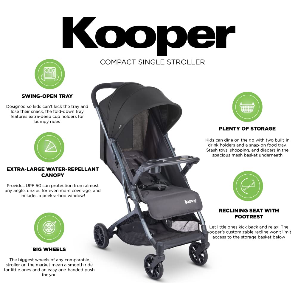 Joovy Kooper Lightweight Baby Stroller Featuring Removable, Swing-Open Tray, Big Wheels, Reclining Seat with Footrest, Extra-Large Retractable Canopy, and Compact Fold (Forged Iron)