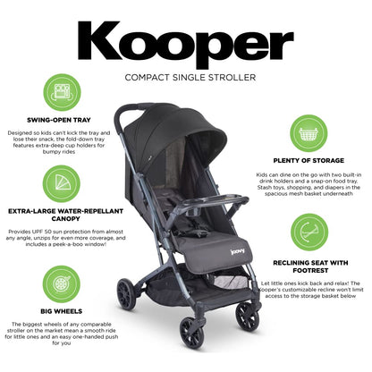 Joovy Kooper Lightweight Baby Stroller Featuring Removable, Swing-Open Tray, Big Wheels, Reclining Seat with Footrest, Extra-Large Retractable Canopy, and Compact Fold (Forged Iron)