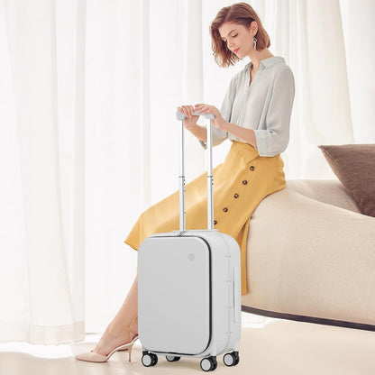 mixi Carry On Luggage, 20'' Suitcase with Front Laptop Pocket, Travel Rolling Luggage Aluminum Frame PC Hardside with Spinner Wheels & TSA Lock and Cover - Smoke White