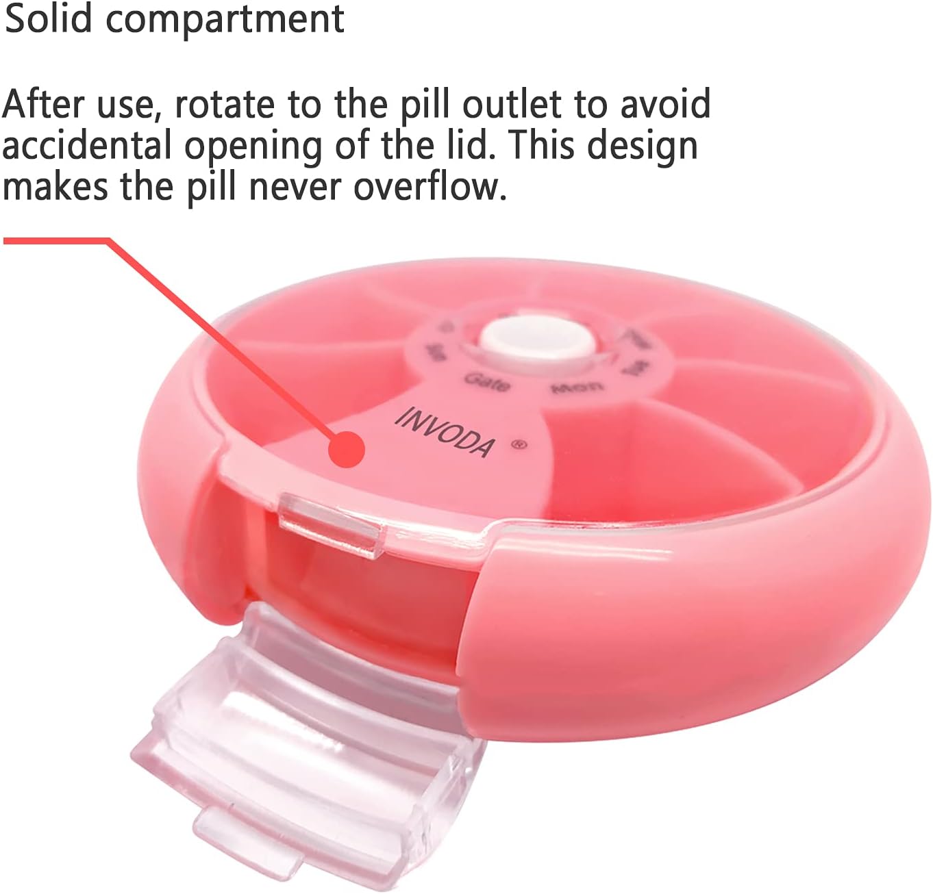 INVODA Weekly Pill Organizer 7 Compartment Rotating Pill Box for Daily Medication & Vitamins - Portable Travel Pill Case Fish Oil Supplements Vitamins Organizer (Pink)