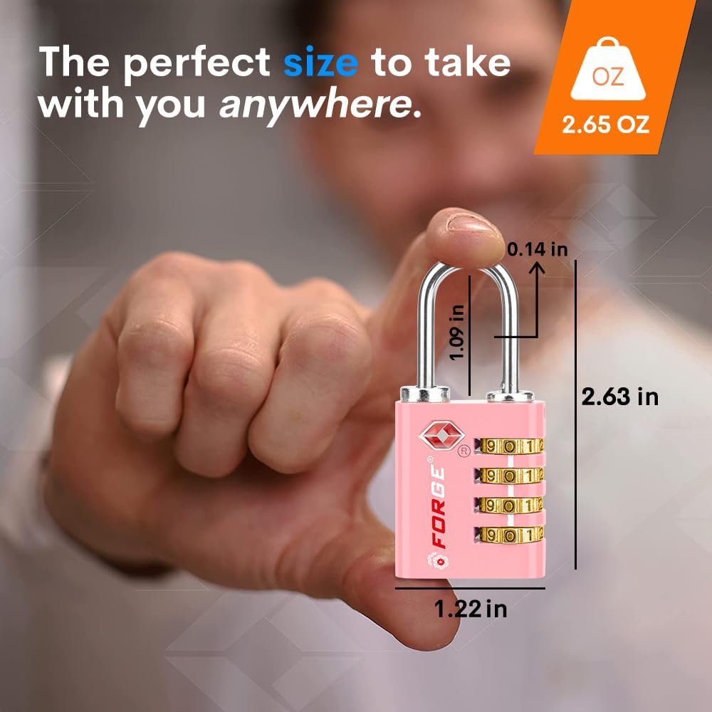 Forge Dual-Opening: Key or Combination Access Lock, TSA Approved Locks for Luggage, Pelican case, Travel, Gym, School, Stainless Steel Shackle. (Pink, 2 Pk)