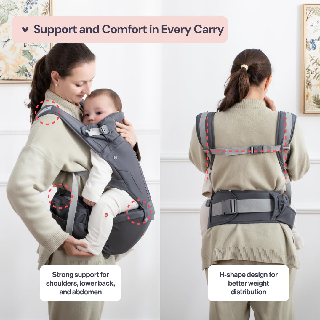 BabbleRoo Grow Carrier – 6-in-1 Baby Carrier with Hip Seat, Ergonomic, Cozy & Adjustable Toddler Carrier 7-50 lbs with Hip & Lumbar Support, Hood for Sun Protection, Newborn to Toddler, Gray